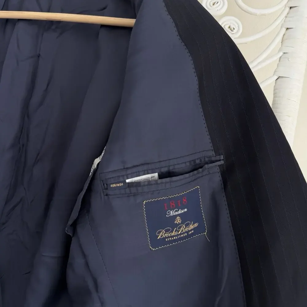 Brooks Brothers Jacket 40R Navy Wool 1818 Madison Chalk Stripe Blazer Italy Made